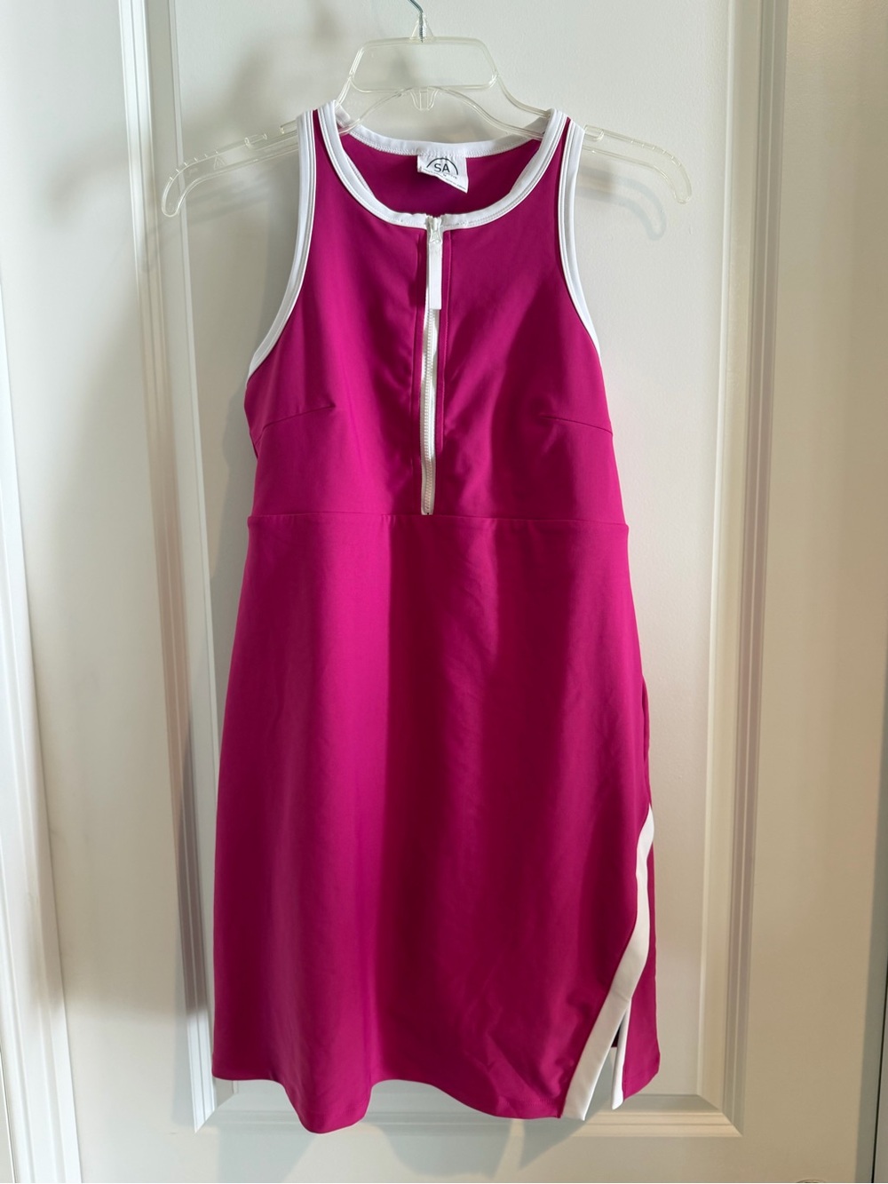 Magenta Zip-Front Athletic Dress with White Trim